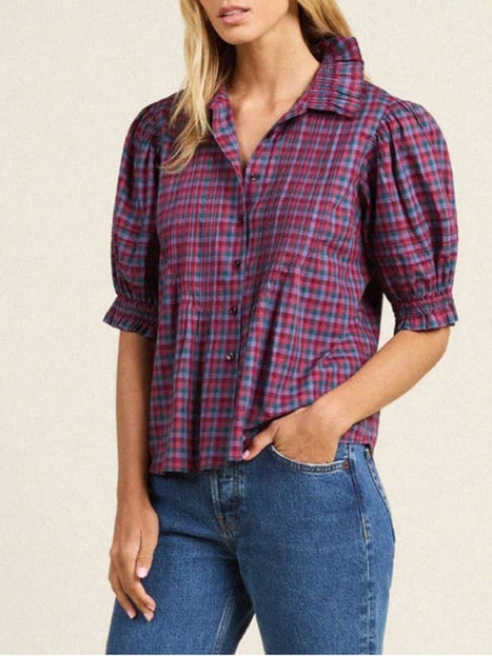 Trovata Plaid Button-Front Blouse in Red and Blue